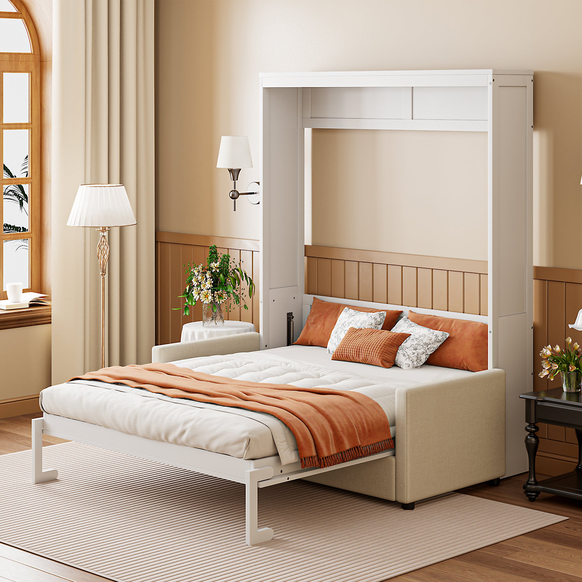 Full Size Murphy Bed Wall Bed with Cushion,White