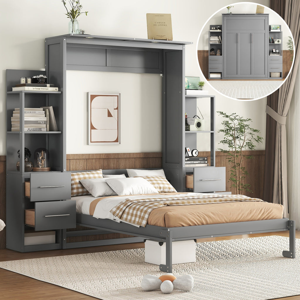 Full Size Murphy Bed Wall Bed with Shelves, Drawers and LED Lights,Gray