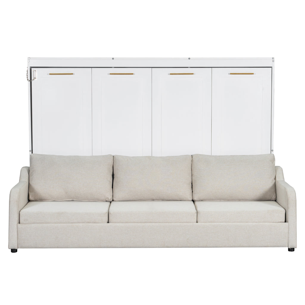 Beige Full Size Murphy Cabinet Bed with Folding Sofa, Built-in Storage Shelves and LED Light, Solid Wood + MDF + Linen