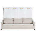 Beige Full Size Murphy Cabinet Bed with Folding Sofa, Built-in Storage Shelves and LED Light, Solid Wood + MDF + Linen
