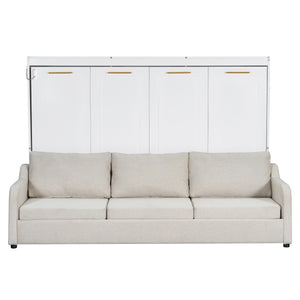 Beige Full Size Murphy Cabinet Bed with Folding Sofa, Built-in Storage Shelves and LED Light, Solid Wood + MDF + Linen