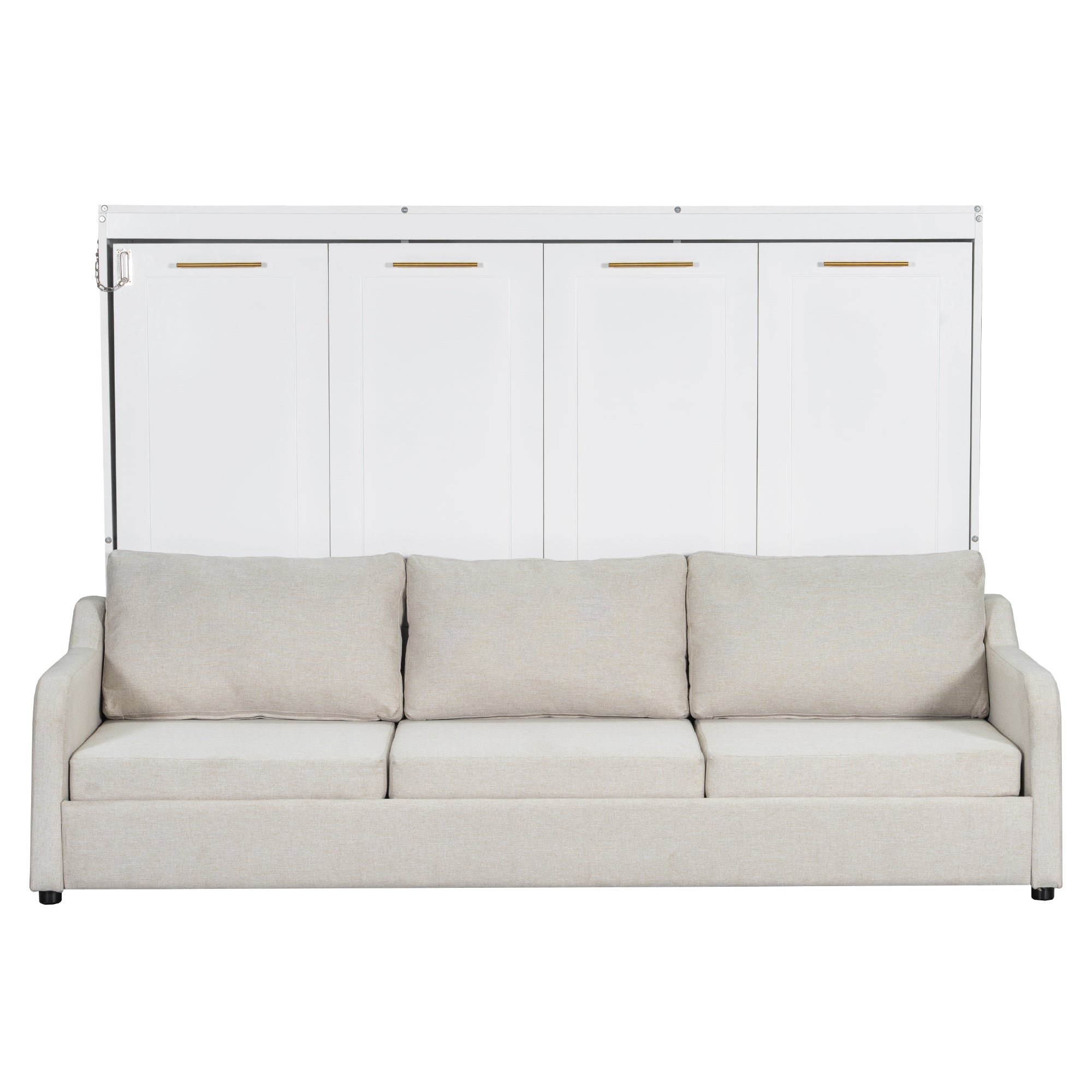 Beige Full Size Murphy Cabinet Bed with Folding Sofa, Built-in Storage Shelves and LED Light, Solid Wood + MDF + Linen