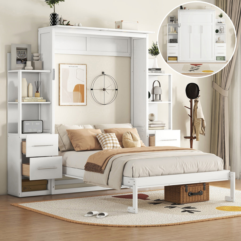 Full Size Murphy Bed Wall Bed with Shelves, Drawers and LED Lights,White(Old sku:LP000565AAK-1)