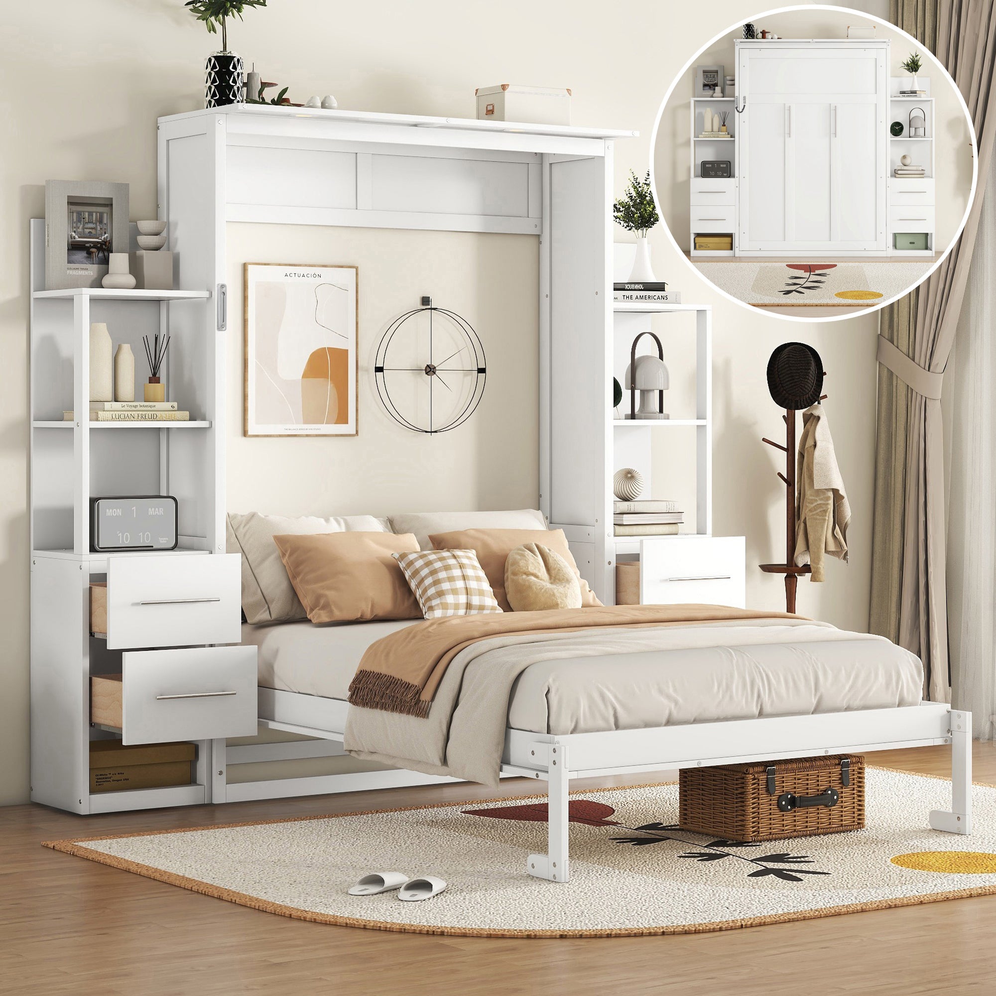 Full Size Murphy Bed Wall Bed with Shelves, Drawers and LED Lights,White(Old sku:LP000565AAK-1)