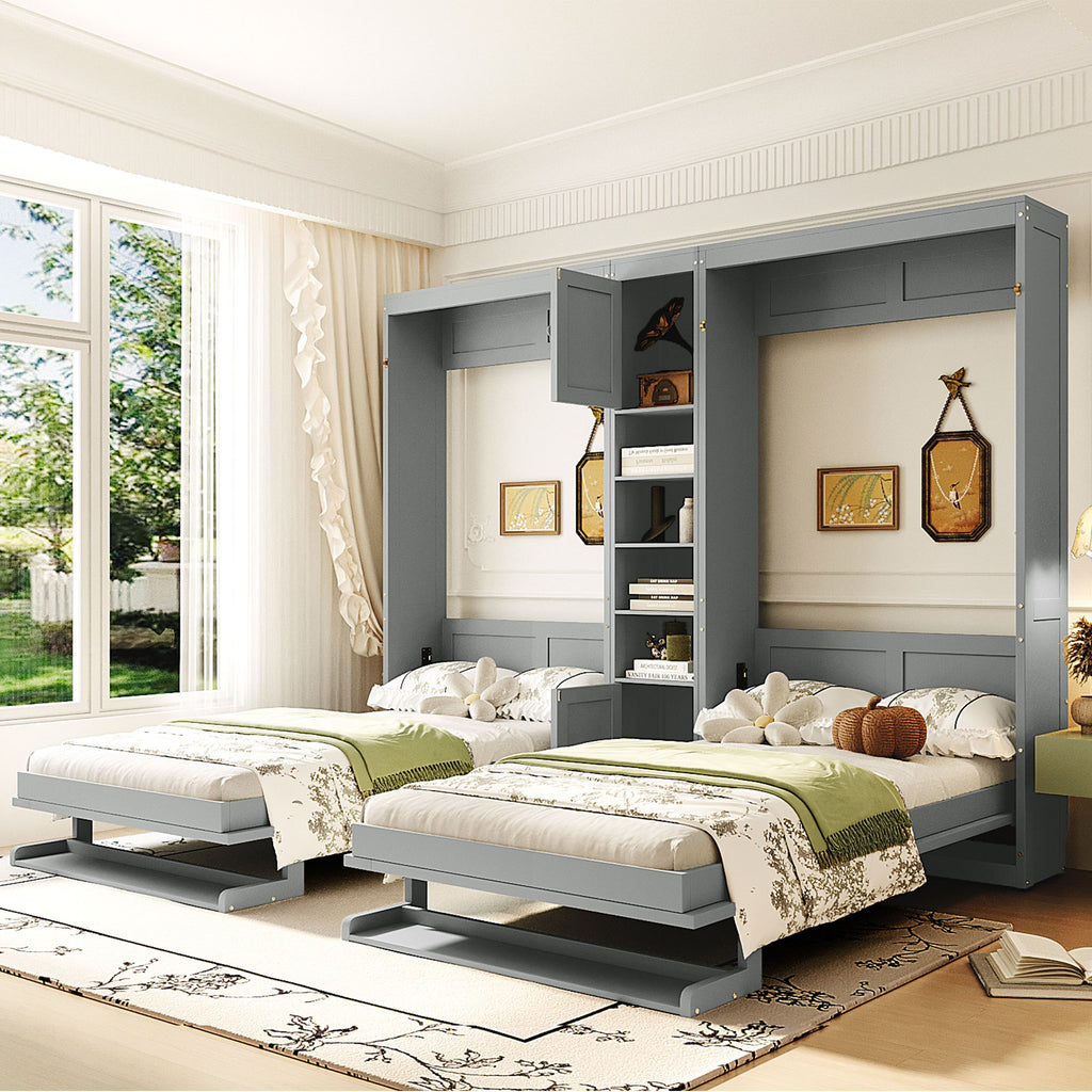 Dual Twin size Wall Murphy Beds with Cabinets and Shelves, Gray(OLD SKU:N820S00058E)