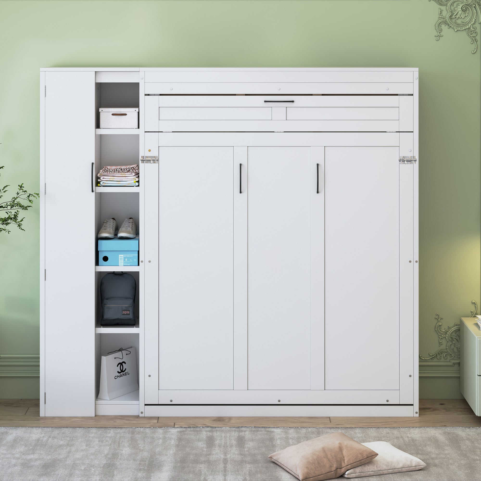 Full Size Murphy Bed Wall Bed with Shelves, Wardrobe and LED Lights,White